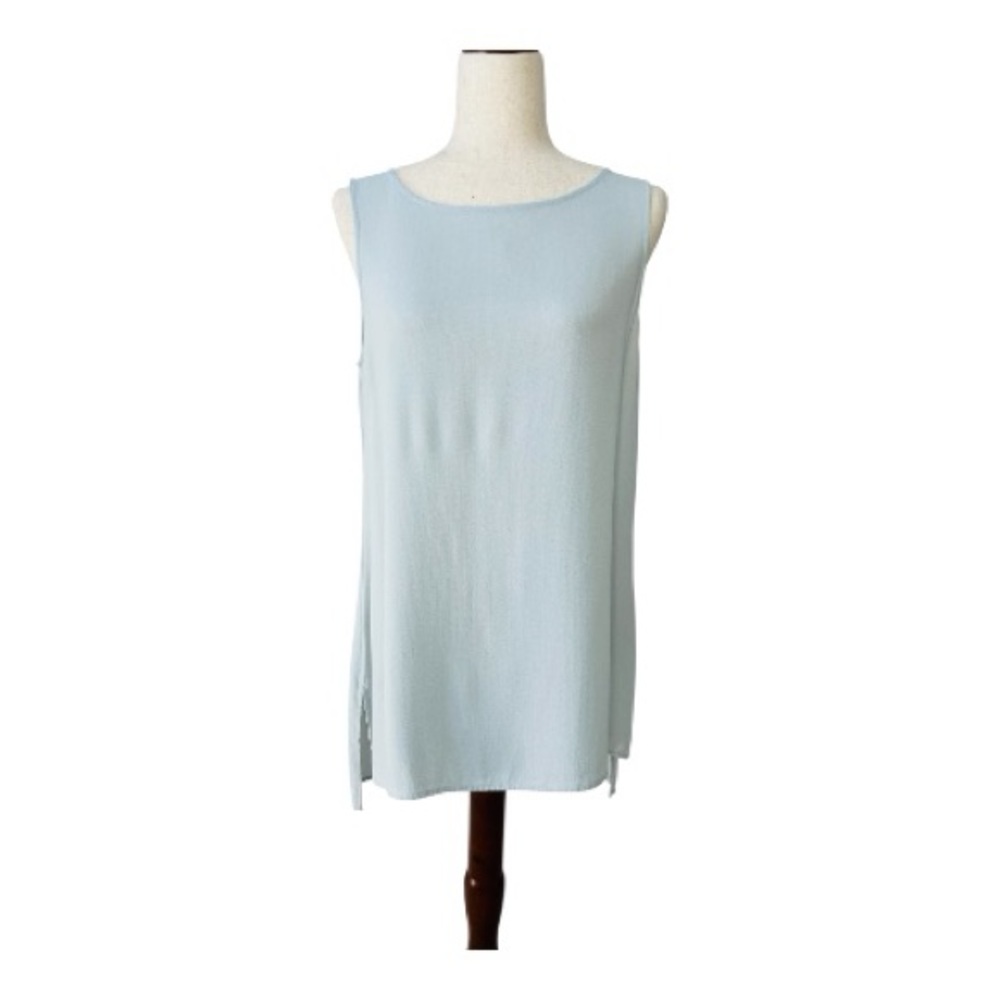 Eileen Fisher Pale Blue Silk Georgette Crepe Ballet Neck Long Tank Size S/P